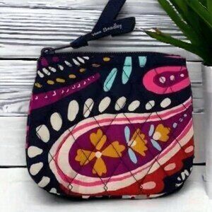 Vera Bradley Small Quilted Zip Pouch-Navy Blue/Purple/Pink /White, 5”x4”